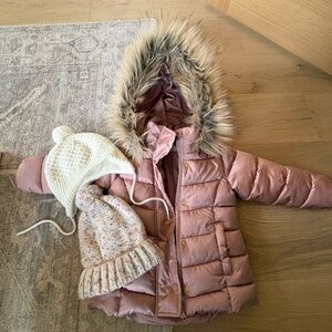 H&M 3T Pink Puffer Jacket with Faux Fur Hood & two hats